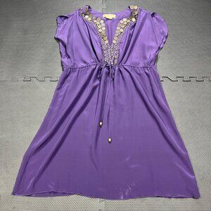Michael Kors Purple Tunic Dress With Gold Embellished Neckline & Adjustable Wais
